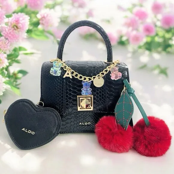 Aldo Special Edition Gummy Bear Heart Coin Case Cherries Charm Black Handbag - Picture 3 of 12